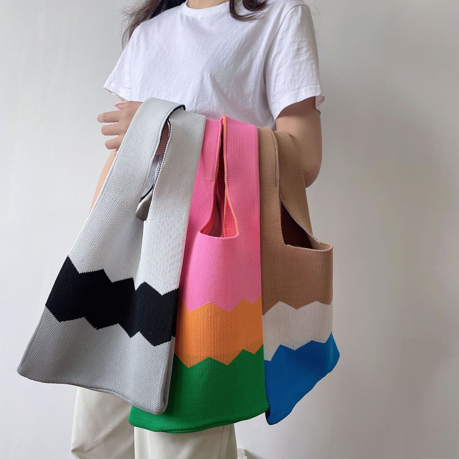 Stripe Wrist Tote Knitting Handbags Knot Purse Light Shopping Bag Beach Bag for Women