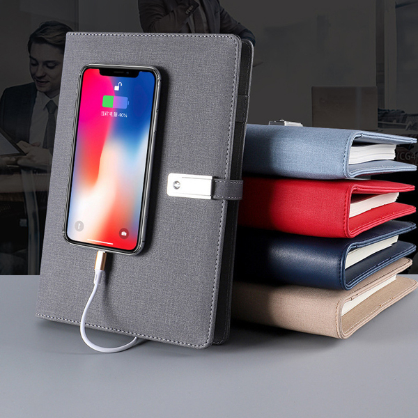 Phone Charging Business Notebook with Qi Wireless Charger Flash Drive Power Bank Battery PU Leather 6 Ring Loose Leaf Notebook