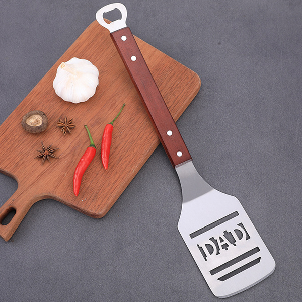 Customized Wood Handle Stainless Steel Hollowed-out Grill BBQ Spatula With Bottle Opener