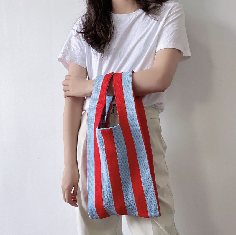 Stripe Wrist Tote Knitting Handbags Knot Purse Light Shopping Bag Beach Bag for Women