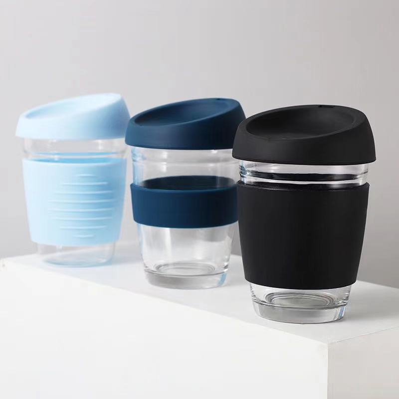 12 Oz Glass Coffee Cup with Silicone Grip & Lid