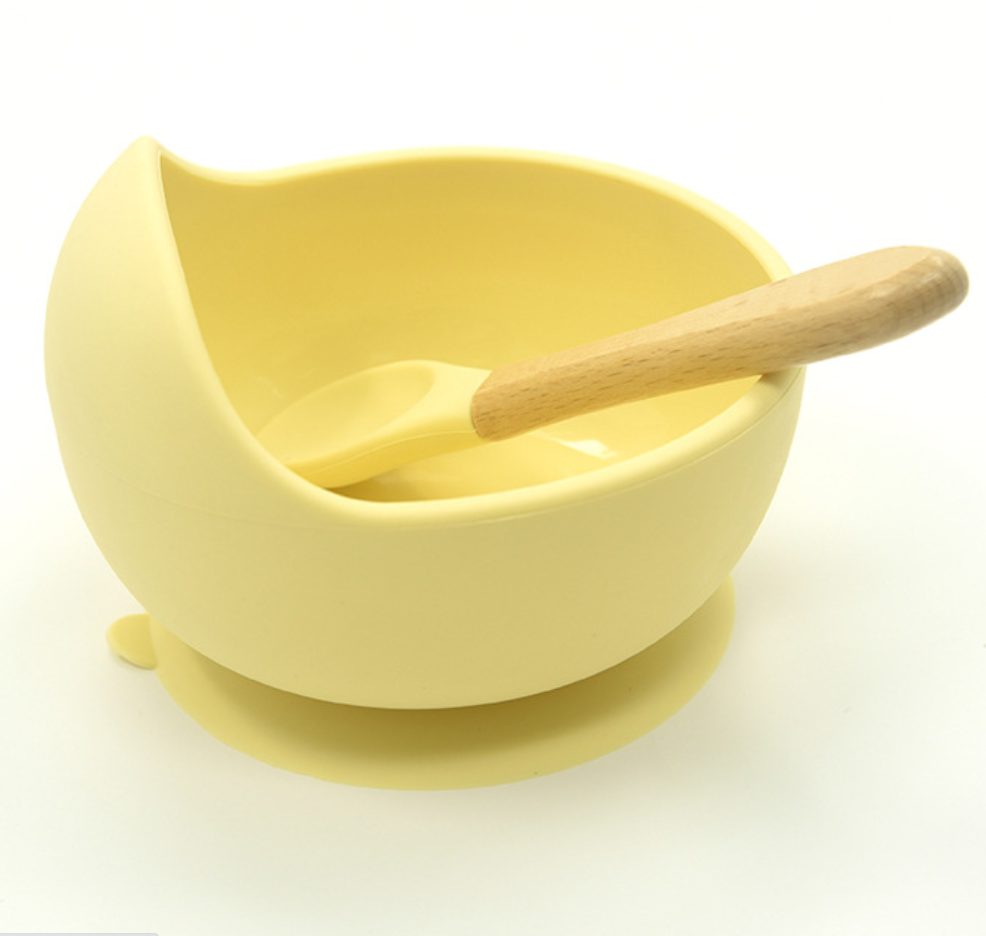 Non-slip Baby Silicone Bowl Set With Wooden Handle Spoon